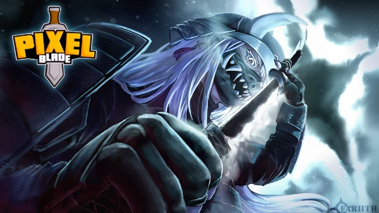 Official Pixel Blade promotional art of a white-haired warrior wielding two blades